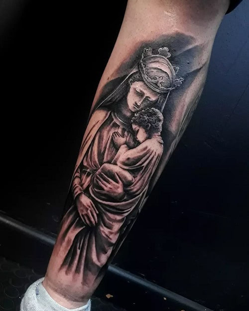 Mary and Baby Jesus Tattoo on Shoulder