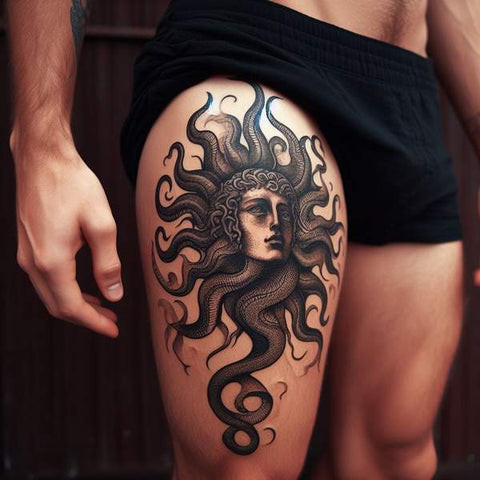 Detailed black and grey Medusa portrait thigh tattoo for men.