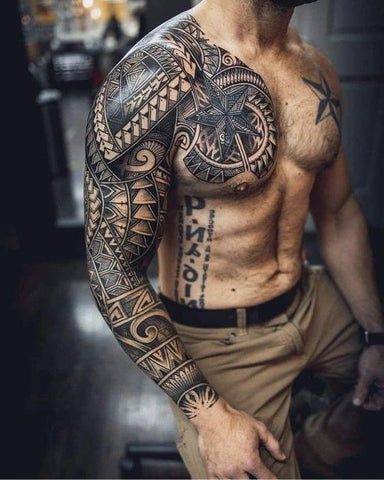 A full sleeve tattoo design starting on a man's shoulder and extending down his arm