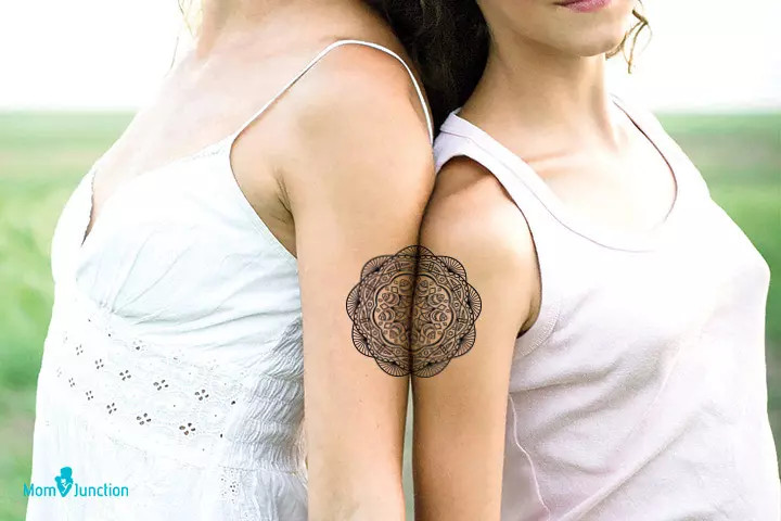 Mandala mother-daughter tattoo, symbolizing unity and completeness