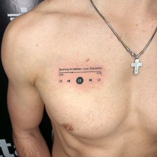 Two music tattoos on men, one on the chest with a stylized music equalizer and another on the shoulder with a geometric music wave design.