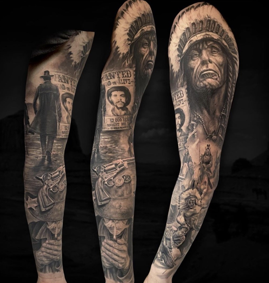 Cowboy and Native American tattoo in a detailed scene