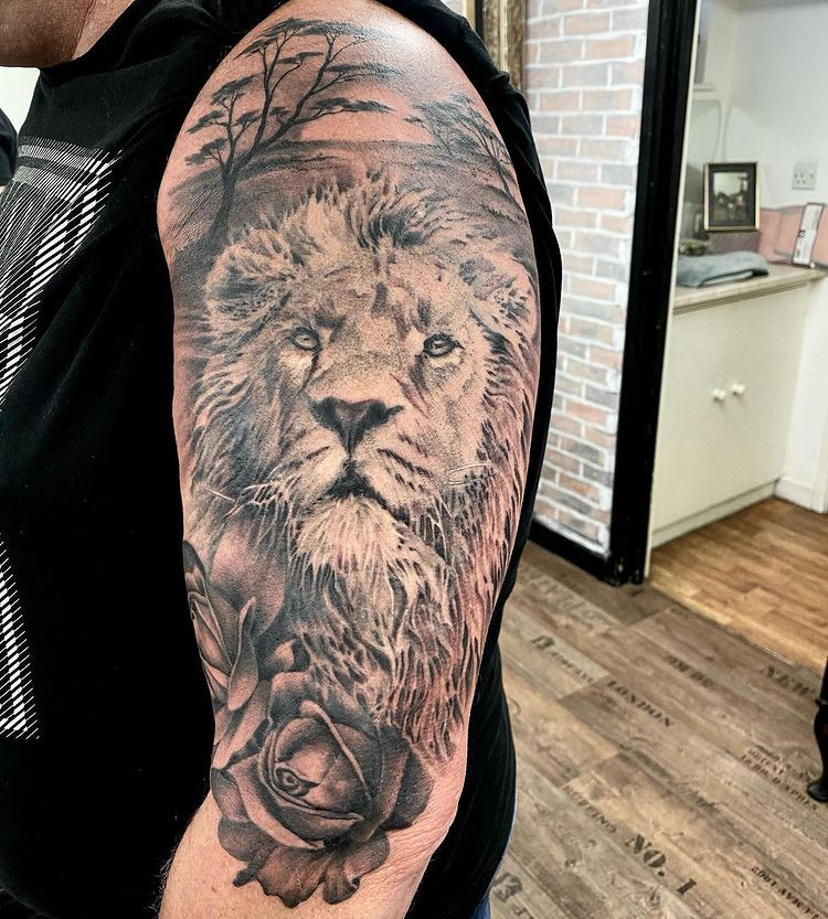 badass lion tattoo with roaring expression