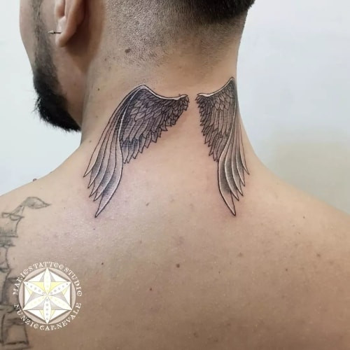 Neck tattoo with script quote on a man's neck