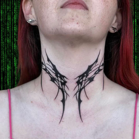 Cybersigilism Neck Tattoo with Sharp Angles and Thin Lines