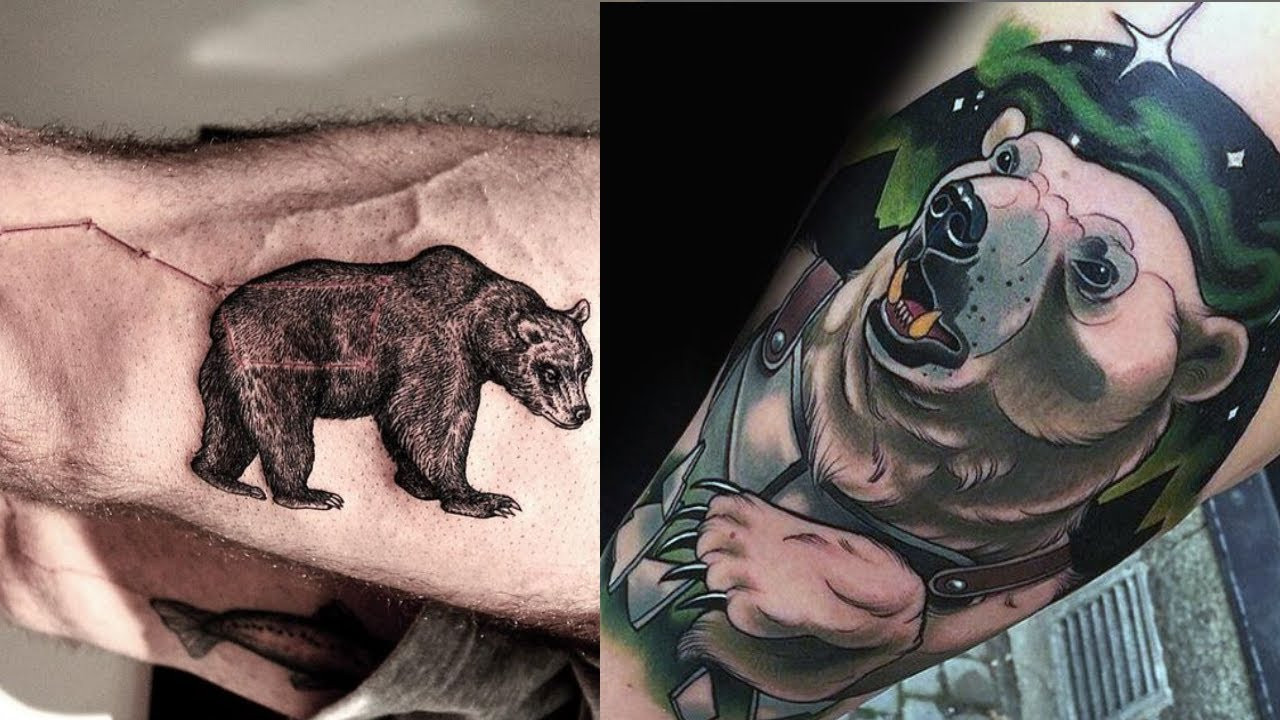 Neo traditional bear tattoo with detailed fur and strong facial features.