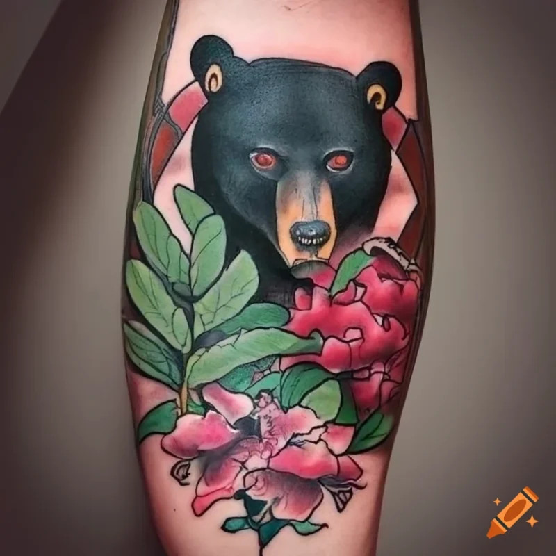 Neo traditional bear tattoo on an arm, showcasing detailed artwork and placement.