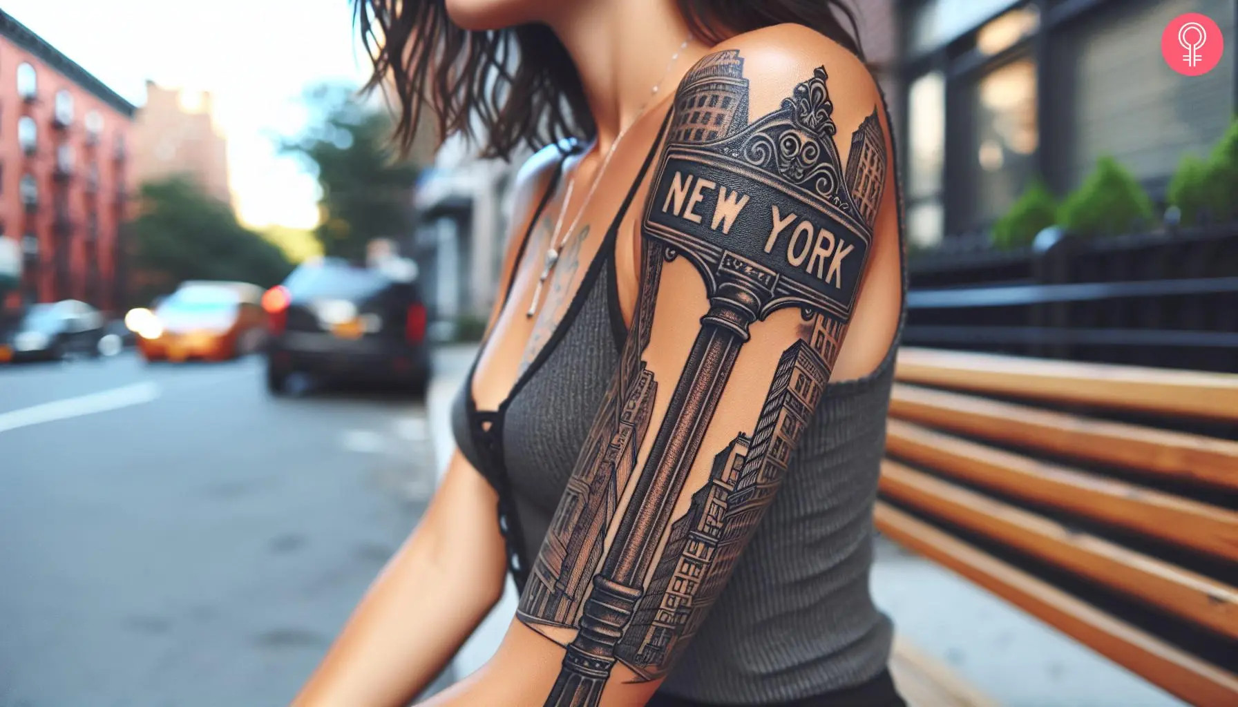 New York street sign tattoo on a woman’s arm