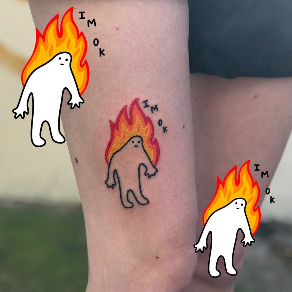 Cartoon fire character tattoo in black lines