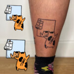 A black linework tattoo of a cat looking in a mirror, reflecting a skeleton cat, showcasing the simple and cartoonish style of ignorant tattoos.