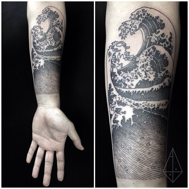 Ocean wave arm tattoo for men symbolizing love for the sea and surf