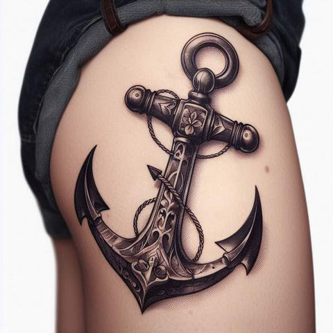 Detailed black and grey outer thigh tattoo design for men.