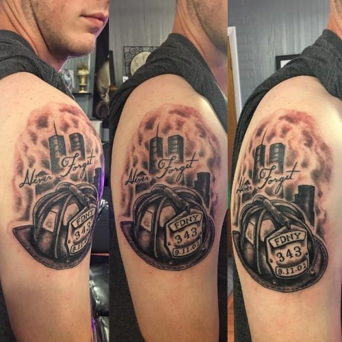 Two patriotic tattoos on men, one on the chest with a stylized patriotic shield and another on the shoulder with a geometric patriotic pattern.