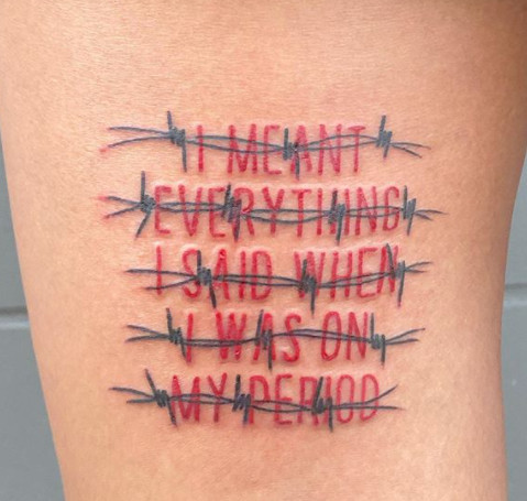 Words &quot;Period Said Tattoo&quot; in a stylized font, highlighting the topic of menstruation and tattoos.