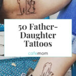 Father and daughter showing matching outline tattoos on their forearms, a minimalist design of a father holding a child's hand.