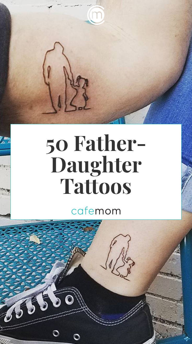 Father and daughter showing matching outline tattoos on their forearms, a minimalist design of a father holding a child's hand.