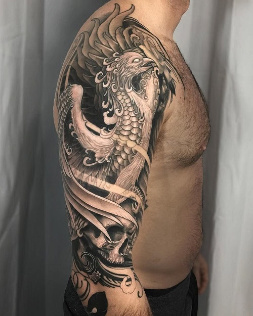 Powerful phoenix bird tattoo for men, symbolizing rebirth and strength