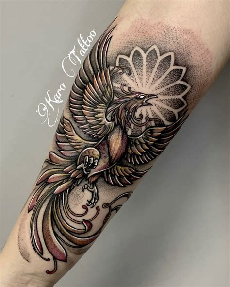 Diverse placements of phoenix tattoos on the body, including back, arm, and leg, showcasing adaptability to different body areas.