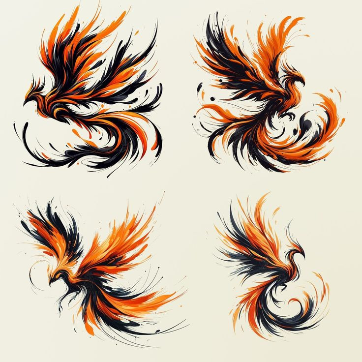 Four vibrant abstract phoenix illustrations with fiery orange and black feathers on a light background, representing rebirth.