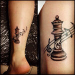 Detailed black ink rook chess piece tattoo on forearm.