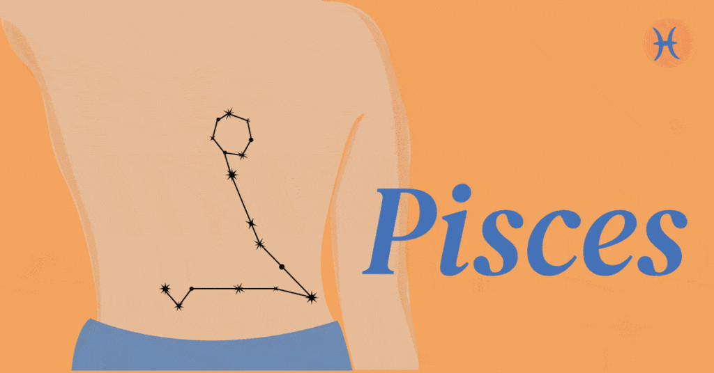 Pisces constellation tattoo design showing two fish swimming in opposite directions and the constellation lines.