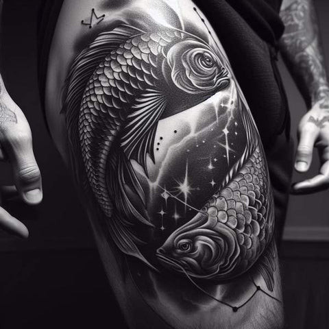 Pisces zodiac symbol thigh tattoo for men.