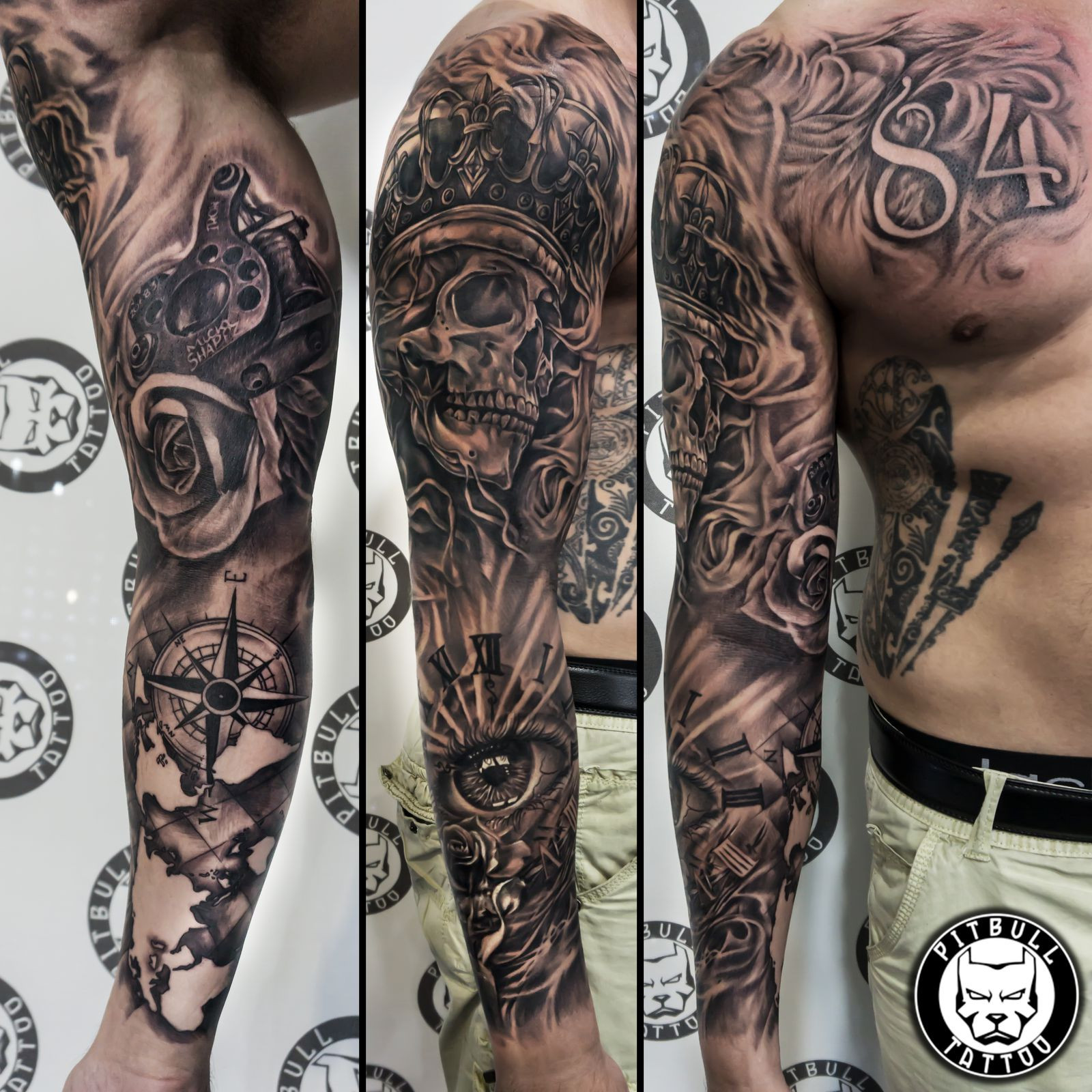 black grey tattoo arm and shoulder