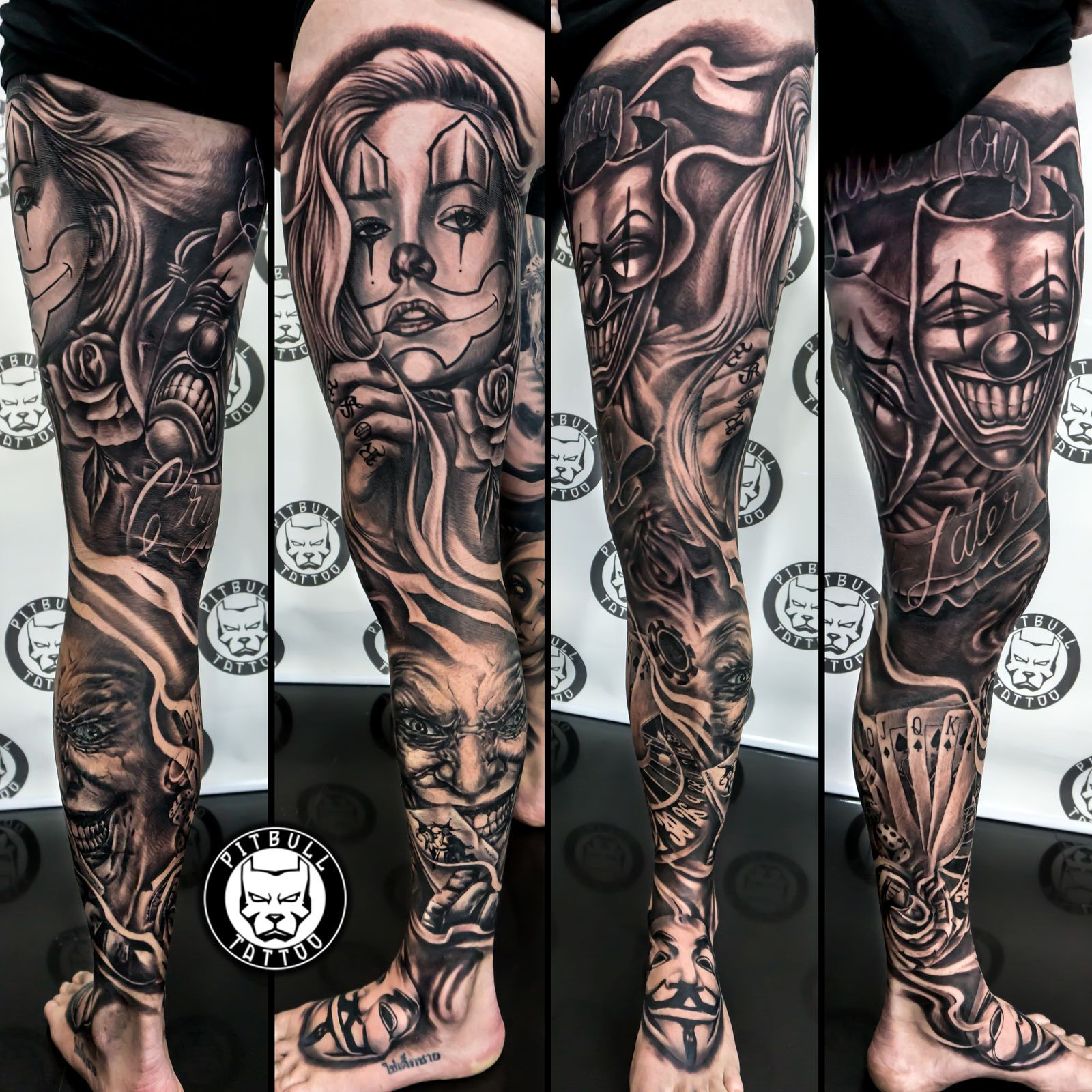 black grey tattoo full leg