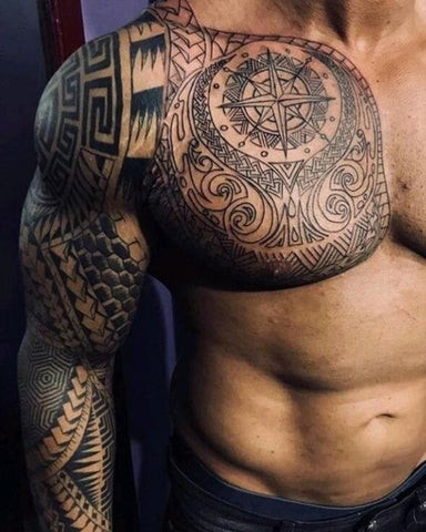 Polynesian chest tattoo with tribal patterns, symbolizing culture, heritage, and strength with detailed patterns.