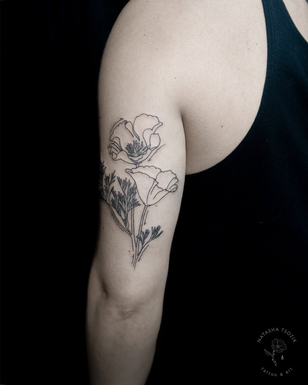 Poppies fine line tattoo on a shoulder by Natasha Tsozik