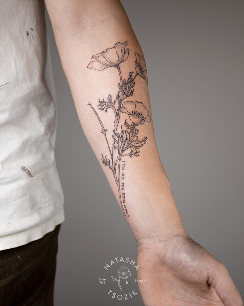 Poppy flower bouquet tattoo by Natasha Tsozik