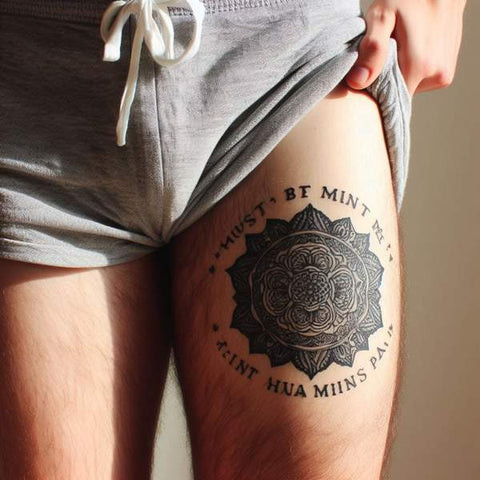 Elegant script quote thigh tattoo for men.