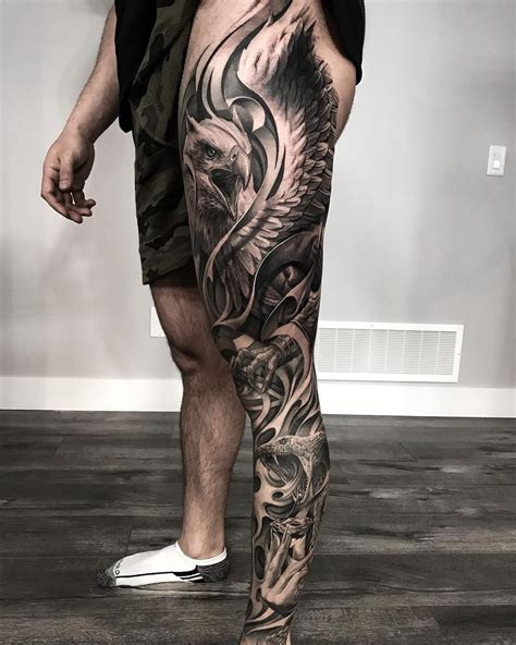 Realistic leg sleeve tattoo example