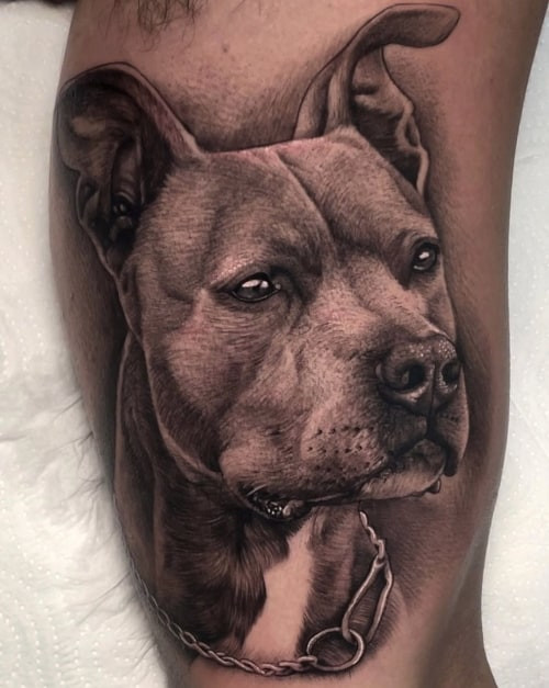 Two realistic tattoos on men, one on the forearm with a realistic animal portrait and another on the arm with a realistic object tattoo.