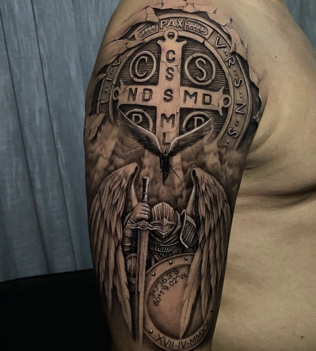 Realistic 3D angel tattoo, creating a visually stunning and lifelike effect with depth and shading.