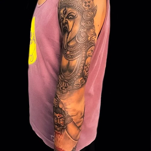 Religious Sleeve Tattoo with Angels and Crosses