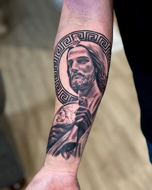 Religious Tattoo Forearm with Cross and Banner