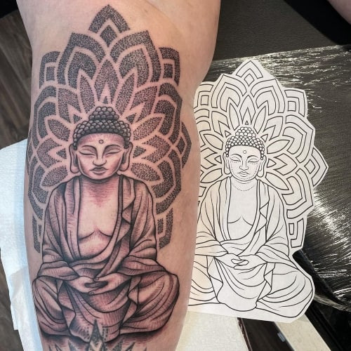 Two religious tattoos on men, one on the chest with a stylized religious mandala and another on the shoulder with a geometric religious pattern.