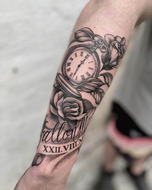 Elegant Roman Numeral Rose Tattoo for men