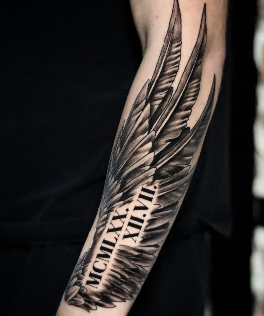 Symbolic Roman Numeral Feather Tattoo for men