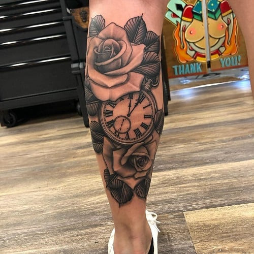 Timeless rose and clock tattoo design
