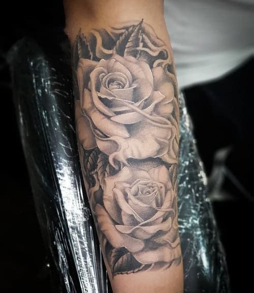 Rose Forearm Tattoo for Men in Black and Grey with Detailed Shading