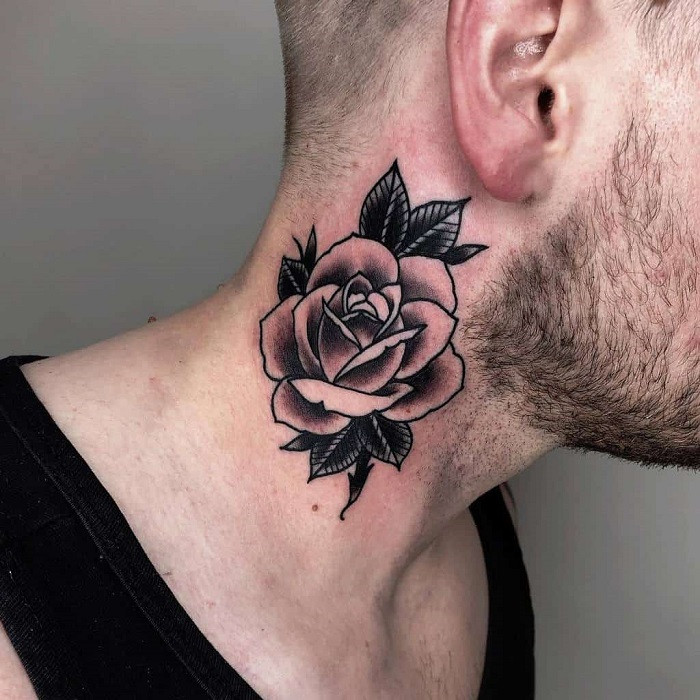 Minimalist single line rose tattoo on the side of the neck, focusing on simplicity and elegance.