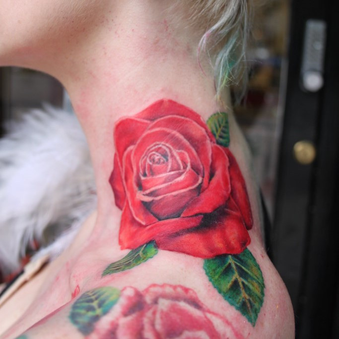 Clock and rose neck tattoo, symbolizing timeless beauty and fleeting moments.