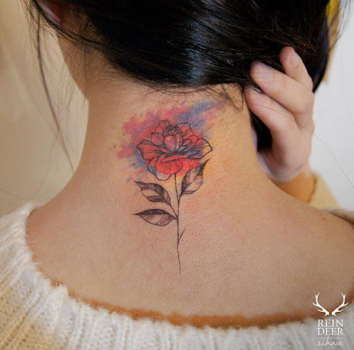 Butterfly and rose neck tattoo, representing transformation and delicate beauty.