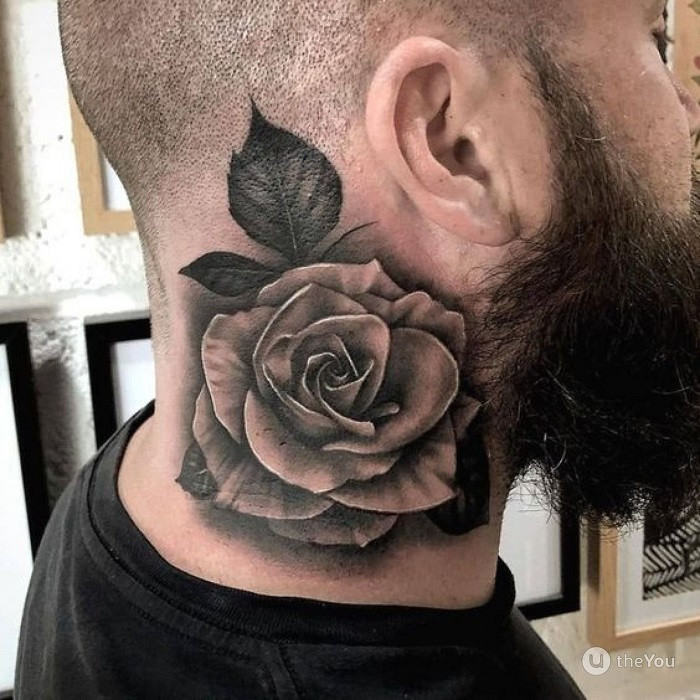 Snake and rose neck tattoo, symbolizing temptation and hidden beauty.