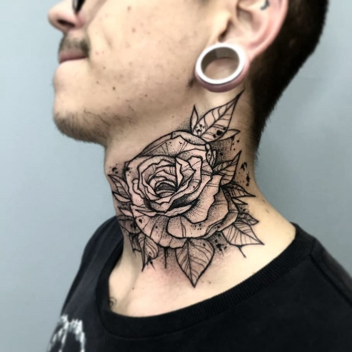 Geometric wolf and rose neck tattoo, combining wildness and structured beauty, instinct and elegance.