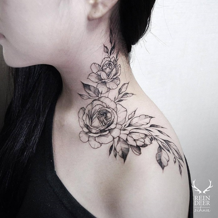 Japanese style rose neck tattoo with bold outlines, vibrant colors, and traditional motifs, cultural fusion.