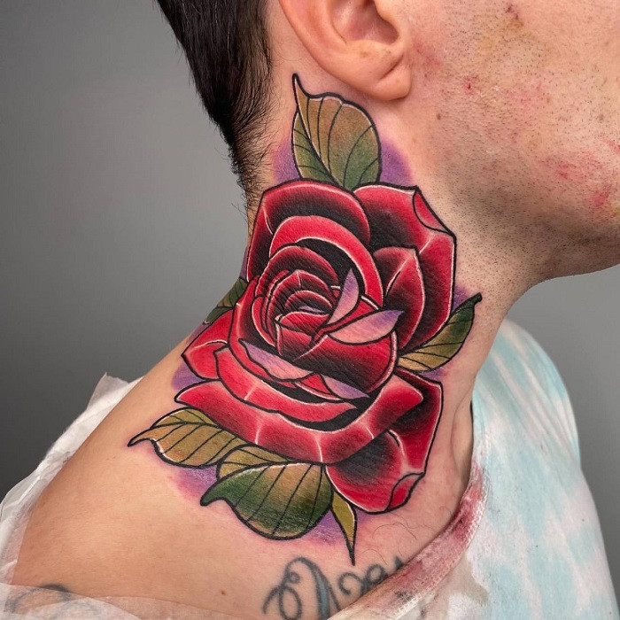 Art Nouveau style rose neck tattoo with flowing lines, organic shapes, and elegant floral details.