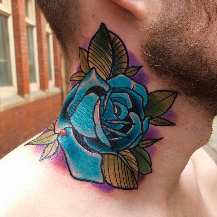 Minimalist single needle rose neck tattoo, incredibly fine lines and subtle shading, delicate and refined.